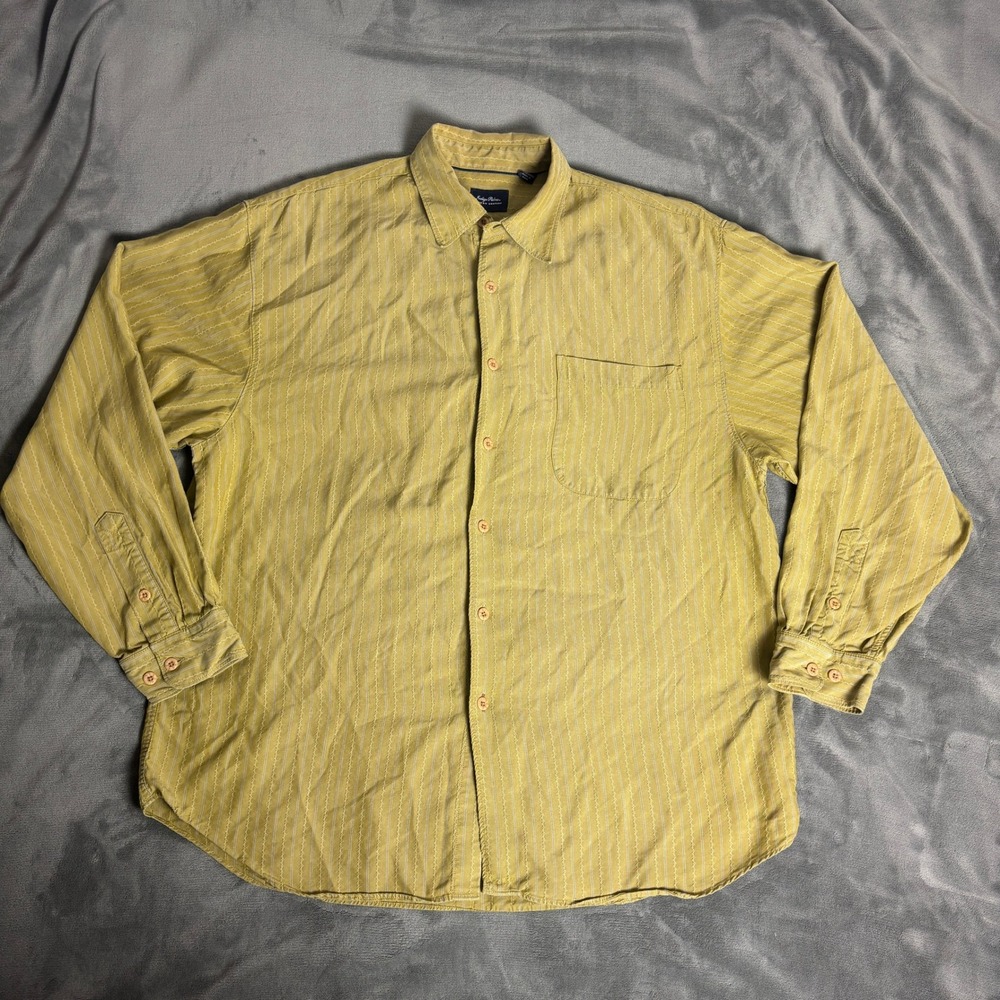 Indigo Palms Mens XL Lyocell Mustard Yellow Stripe Button Up Shirt Coastal
